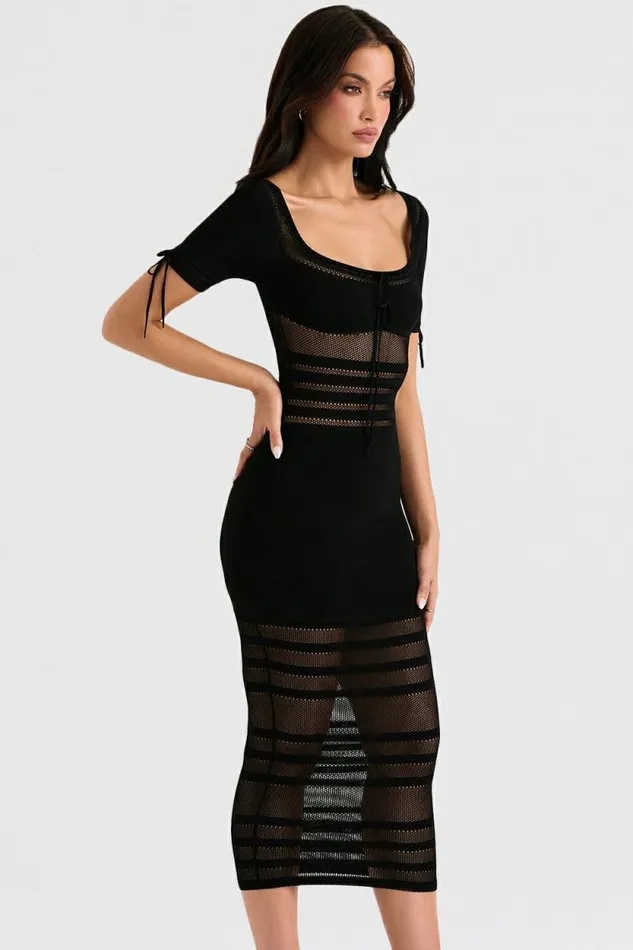 House Of CB Lilla Black Openwork Knit Midi Dress Women Dresses House Of CB Lilla Black Openwork Knit Midi Dress Women Dresses