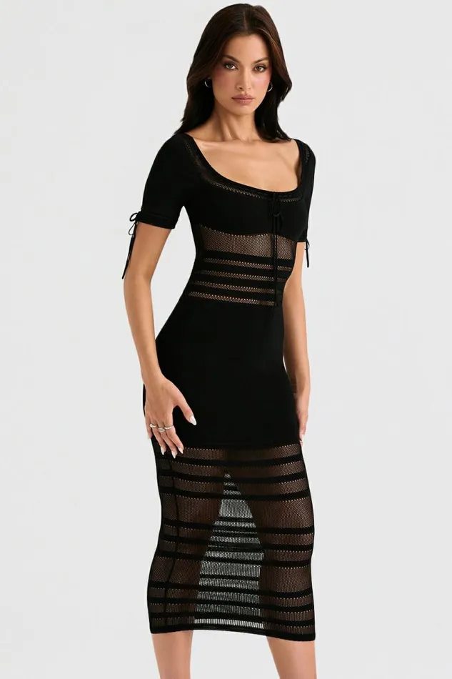 House Of CB Lilla Black Openwork Knit Midi Dress Women Dresses House Of CB Lilla Black Openwork Knit Midi Dress Women Dresses