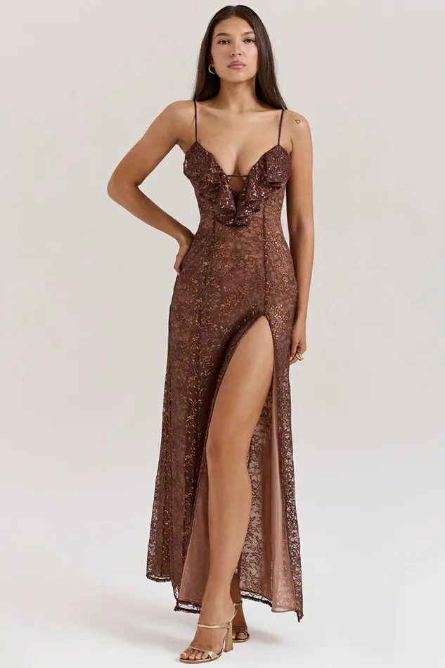House Of CB Lucianna Espresso Lace Maxi Dress Women Dresses