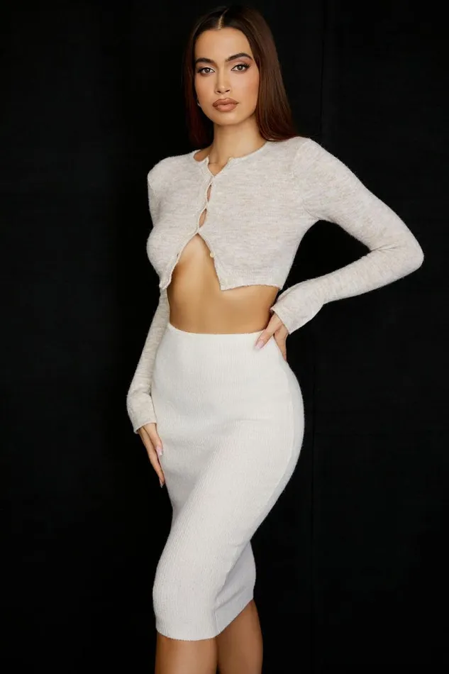 House Of CB Lulie Oatmeal Fluffy Knit Cropped Cardigan Women Tops House Of CB Lulie Oatmeal Fluffy Knit Cropped Cardigan Women Tops