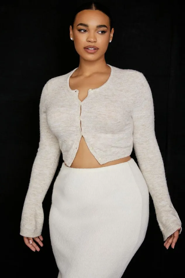 House Of CB Lulie Oatmeal Fluffy Knit Cropped Cardigan Women Tops House Of CB Lulie Oatmeal Fluffy Knit Cropped Cardigan Women Tops