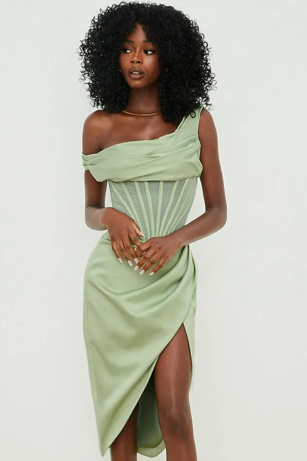 House Of CB Lulu Pistachio Asymmetric Drape Midi Corset Dress Women Dresses