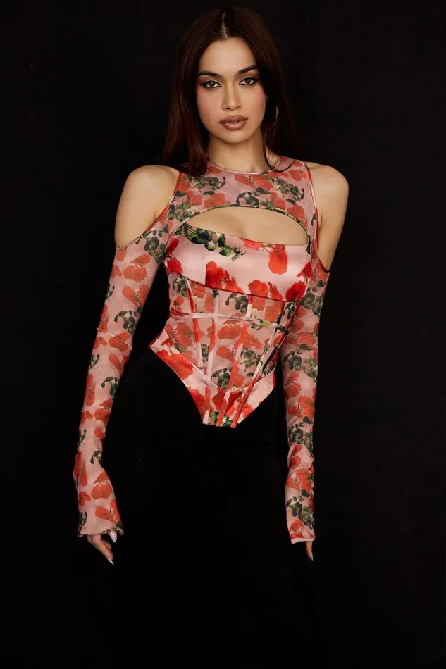 House Of CB Malina Rose Print Cutout Corset Top Women Corsets
