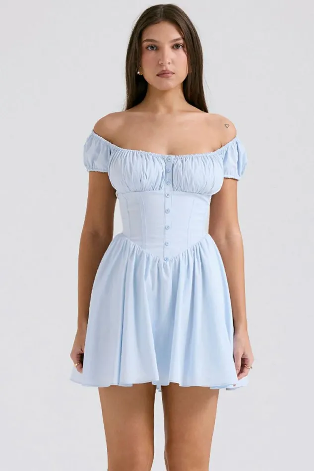 House Of CB Nala Soft Blue Cotton Gathered Mini Dress Women Dresses