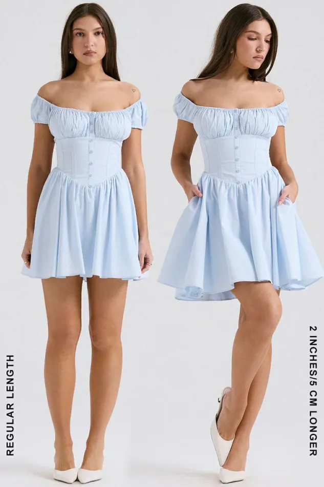 House Of CB Nala Soft Blue Cotton Gathered Mini Dress Women Dresses House Of CB Nala Soft Blue Cotton Gathered Mini Dress Women Dresses