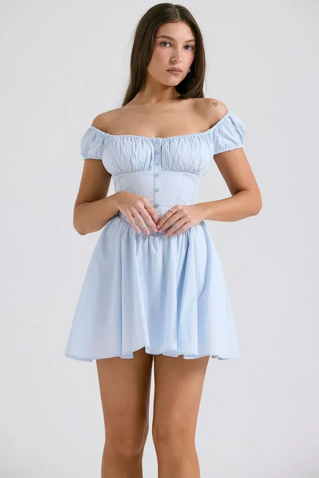 House Of CB Nala Soft Blue Cotton Gathered Mini Dress Women Dresses House Of CB Nala Soft Blue Cotton Gathered Mini Dress Women Dresses