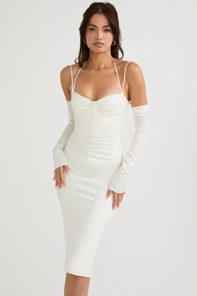 House Of CB Nanoushka Ivory Satin Midi Dress Women Dresses