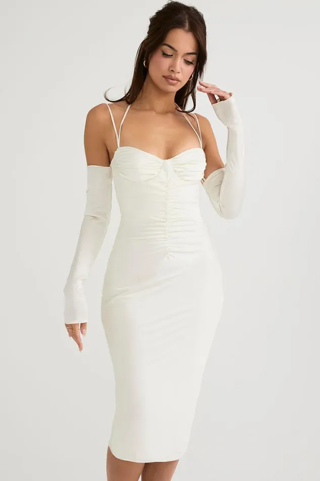 House Of CB Nanoushka Ivory Satin Midi Dress Women Dresses