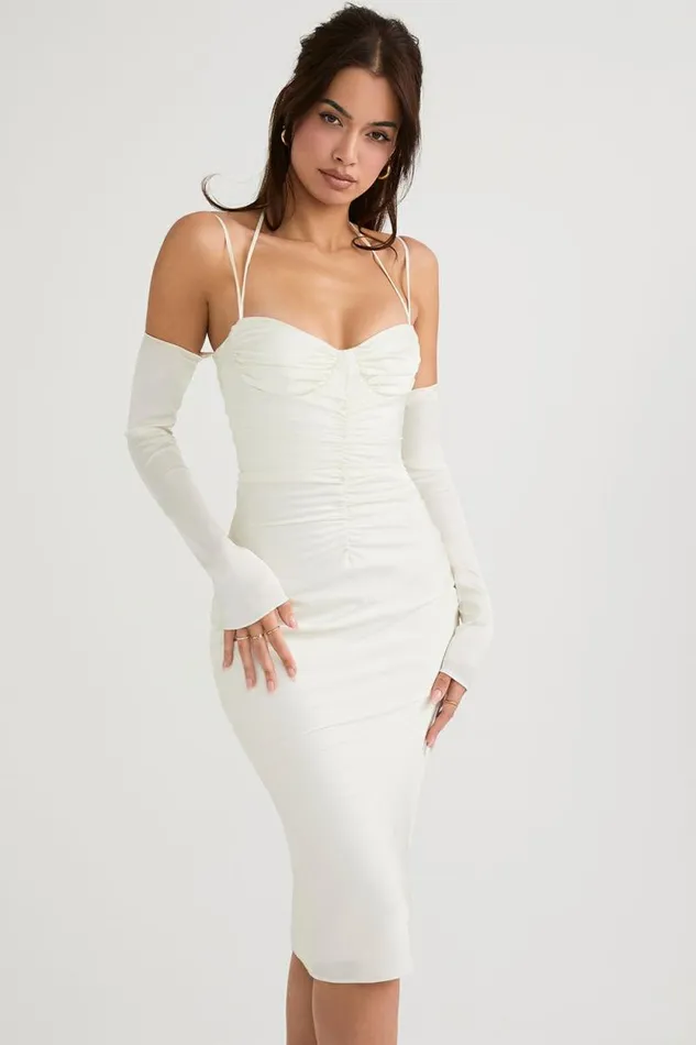 House Of CB Nanoushka Ivory Satin Midi Dress Women Dresses
