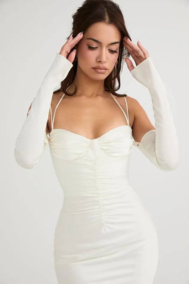 House Of CB Nanoushka Ivory Satin Midi Dress Women Dresses