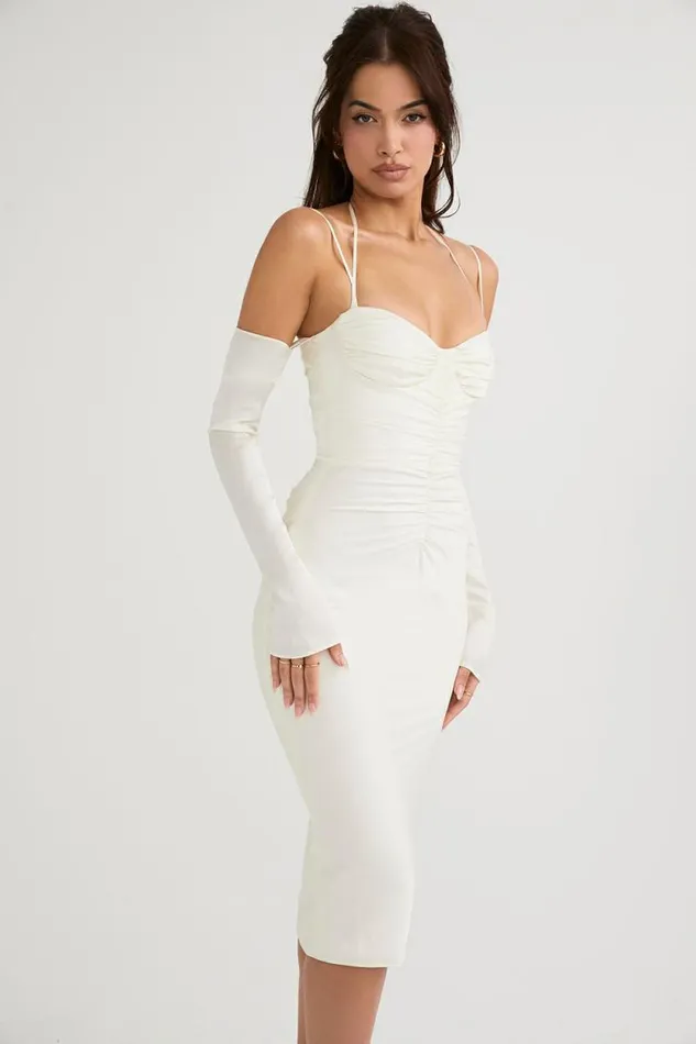 House Of CB Nanoushka Ivory Satin Midi Dress Women Dresses