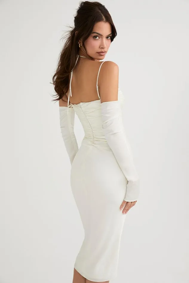 House Of CB Nanoushka Ivory Satin Midi Dress Women Dresses