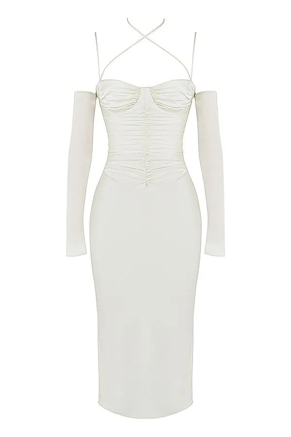 House Of CB Nanoushka Ivory Satin Midi Dress Women Dresses