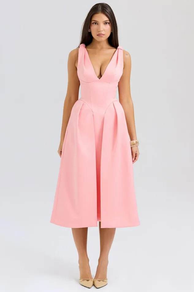 House Of CB Paloma Peach Satin Pleated Midi Dress Women Dresses