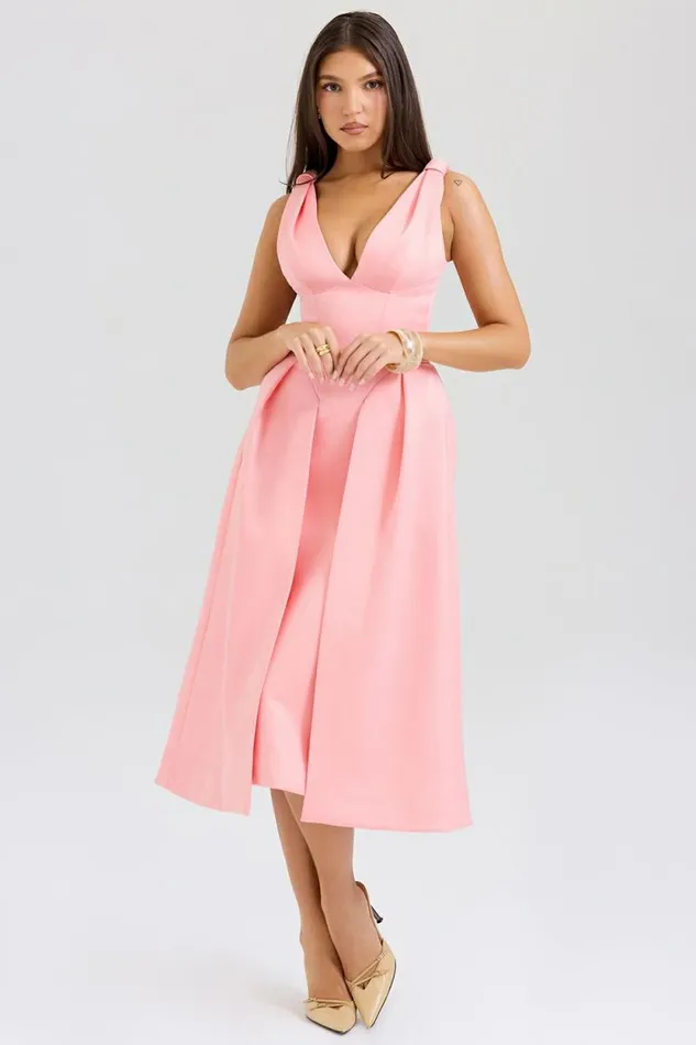 House Of CB Paloma Peach Satin Pleated Midi Dress Women Dresses House Of CB Paloma Peach Satin Pleated Midi Dress Women Dresses