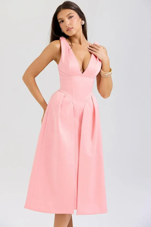 House Of CB Paloma Peach Satin Pleated Midi Dress Women Dresses House Of CB Paloma Peach Satin Pleated Midi Dress Women Dresses