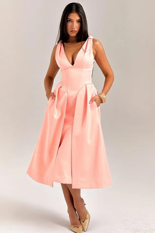 House Of CB Paloma Peach Satin Pleated Midi Dress Women Dresses House Of CB Paloma Peach Satin Pleated Midi Dress Women Dresses