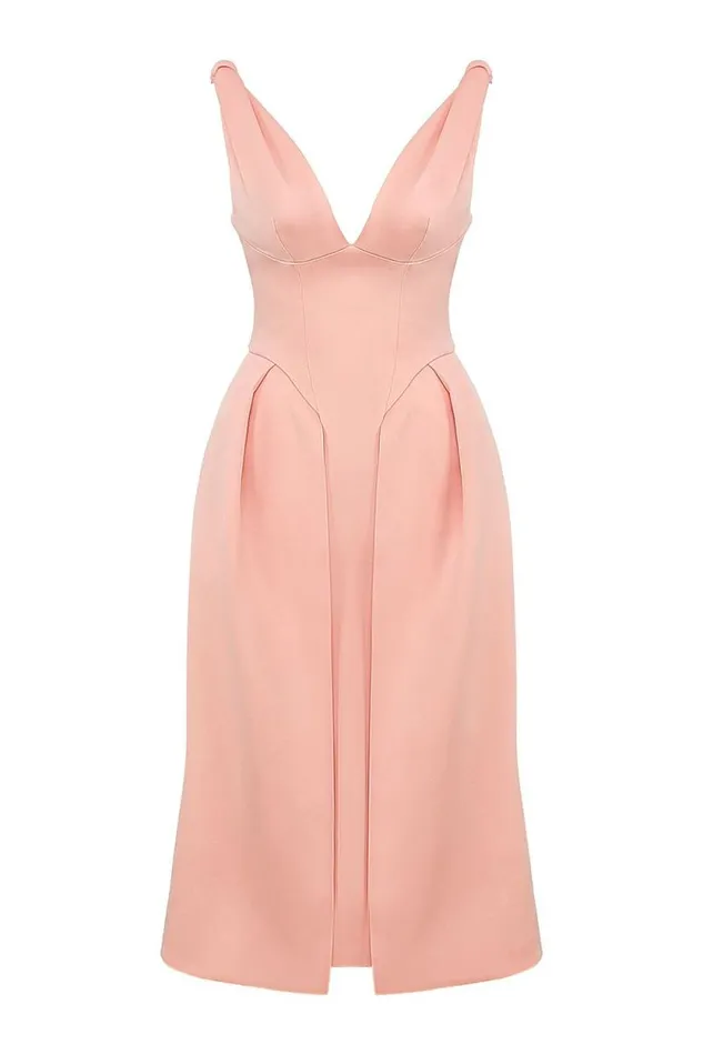 House Of CB Paloma Peach Satin Pleated Midi Dress Women Dresses House Of CB Paloma Peach Satin Pleated Midi Dress Women Dresses