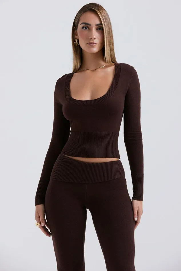 House Of CB Raquel Chocolate Cashmere Blend Scoop Neck Top Women Tops House Of CB Raquel Chocolate Cashmere Blend Scoop Neck Top Women Tops