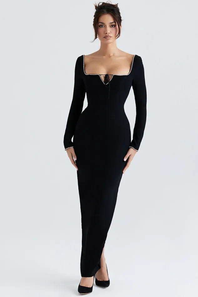House Of CB Rosa Black Crystal Embellished Maxi Dress Women Dresses House Of CB Rosa Black Crystal Embellished Maxi Dress Women Dresses