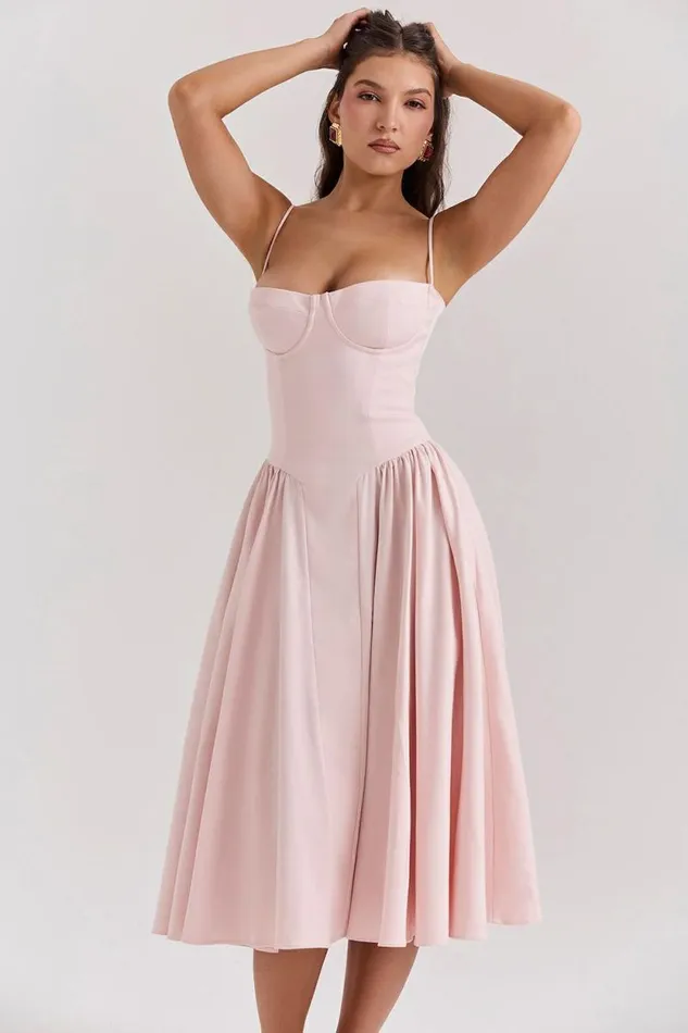 House Of CB Samaria Ballerina Pink Twill Corset Midi Dress Women Dresses