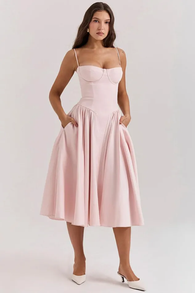 House Of CB Samaria Ballerina Pink Twill Corset Midi Dress Women Dresses House Of CB Samaria Ballerina Pink Twill Corset Midi Dress Women Dresses