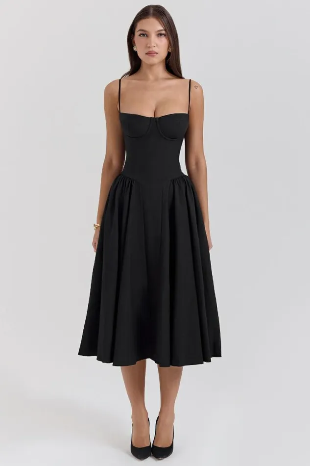 House Of CB Samaria Black Corset Midi Dress Women Dresses