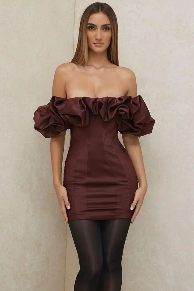 House Of CB Selena Raisin Satin Ruffle Strapless Dress Women Dresses