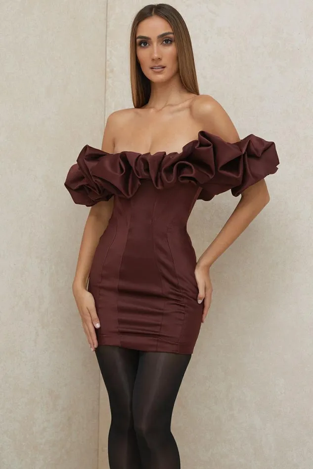 House Of CB Selena Raisin Satin Ruffle Strapless Dress Women Dresses