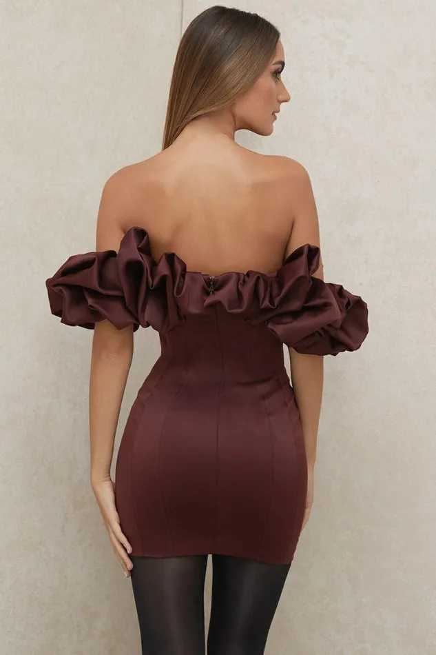 House Of CB Selena Raisin Satin Ruffle Strapless Dress Women Dresses