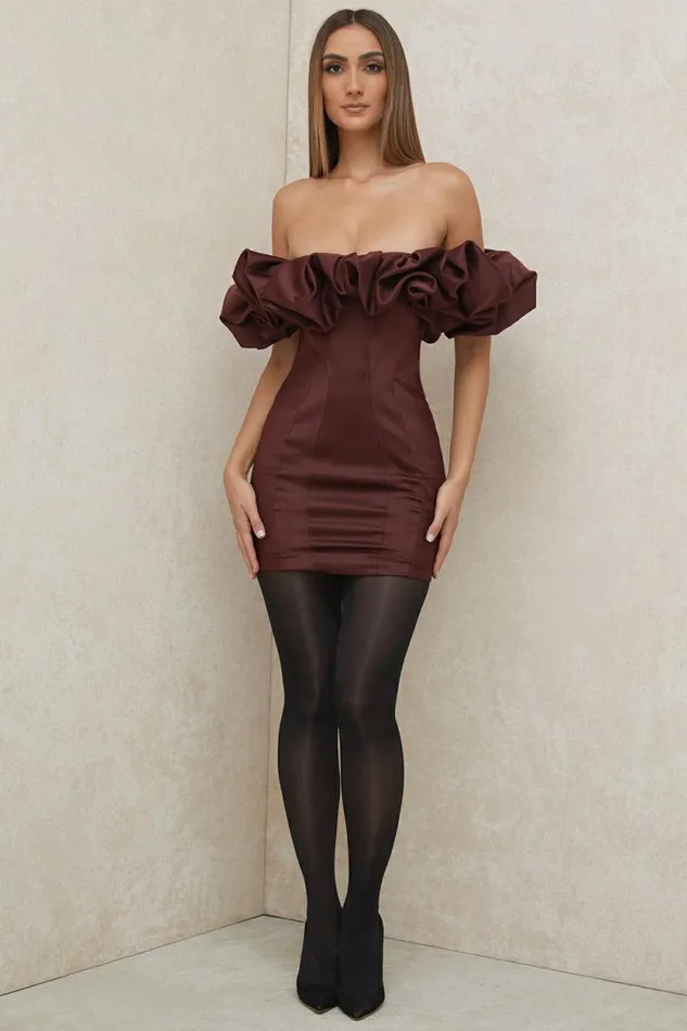House Of CB Selena Raisin Satin Ruffle Strapless Dress Women Dresses