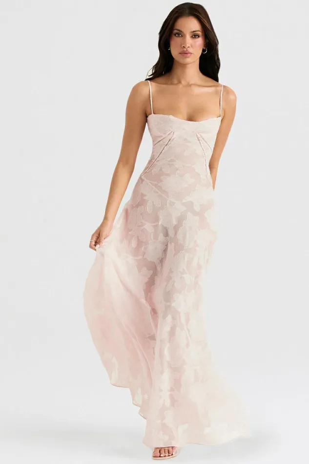 House Of CB Seren Soft Pink Floral Lace Back Maxi Dress Women Dresses