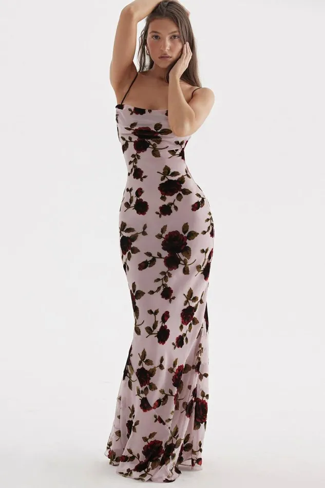 House Of CB Serena Pink Devore Maxi Dress Women Dresses