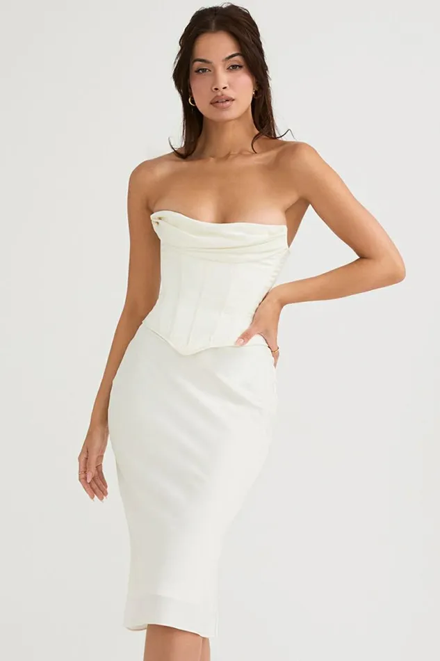 House Of CB Sienna Ivory Satin Strapless Corset Midi Dress Women Dresses