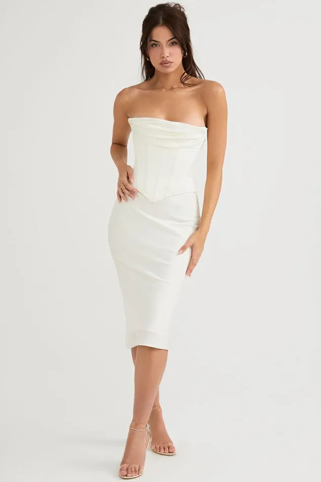 House Of CB Sienna Ivory Satin Strapless Corset Midi Dress Women Dresses House Of CB Sienna Ivory Satin Strapless Corset Midi Dress Women Dresses