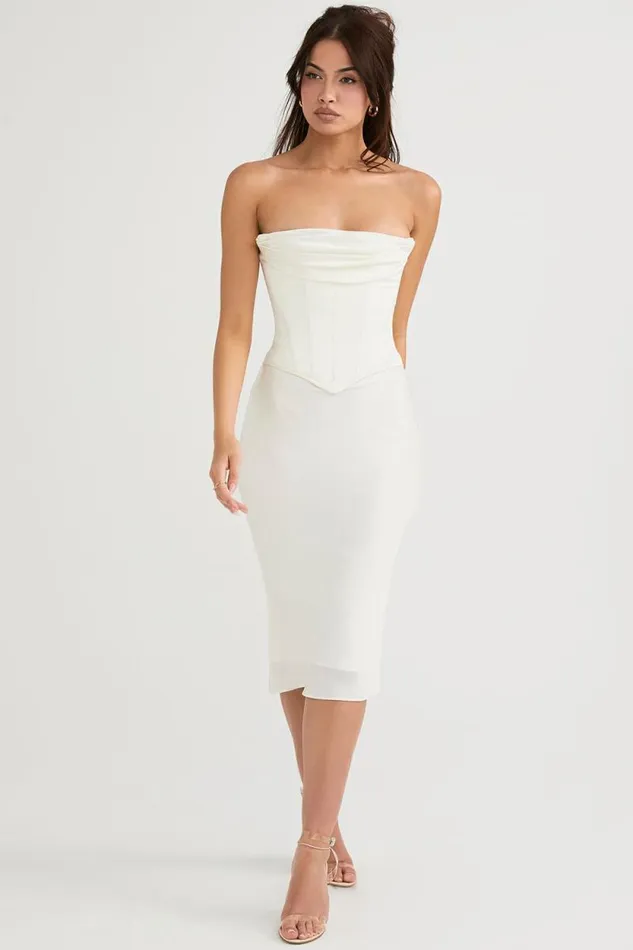 House Of CB Sienna Ivory Satin Strapless Corset Midi Dress Women Dresses House Of CB Sienna Ivory Satin Strapless Corset Midi Dress Women Dresses