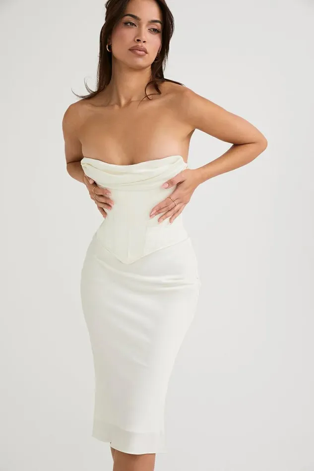 House Of CB Sienna Ivory Satin Strapless Corset Midi Dress Women Dresses House Of CB Sienna Ivory Satin Strapless Corset Midi Dress Women Dresses