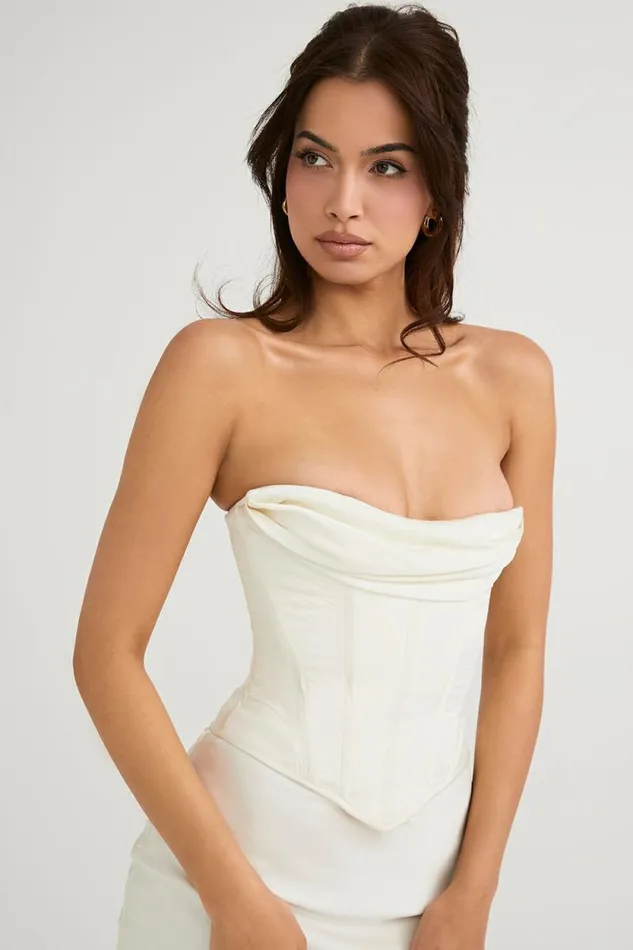 House Of CB Sienna Ivory Satin Strapless Corset Midi Dress Women Dresses House Of CB Sienna Ivory Satin Strapless Corset Midi Dress Women Dresses