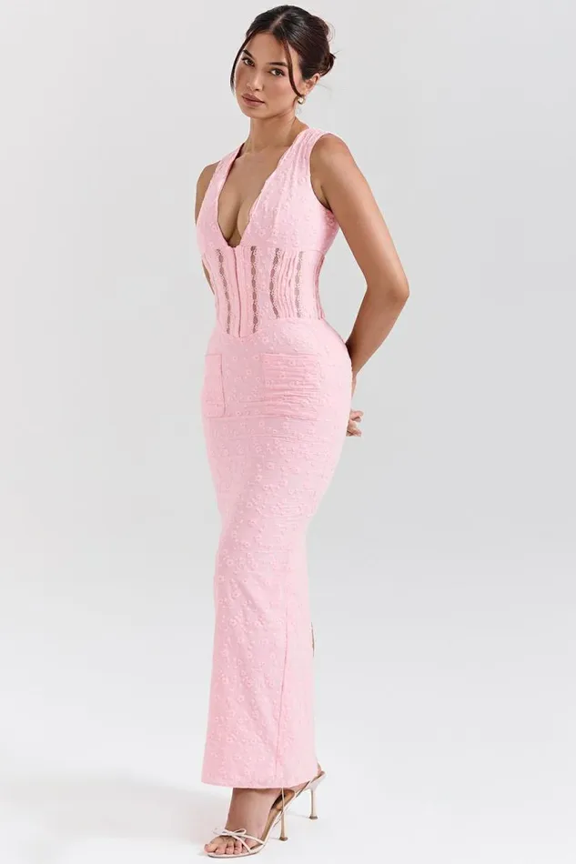 House Of CB Sophina Perfectly Pink Broderie Anglais Plunge Maxi Dress Women Dresses
