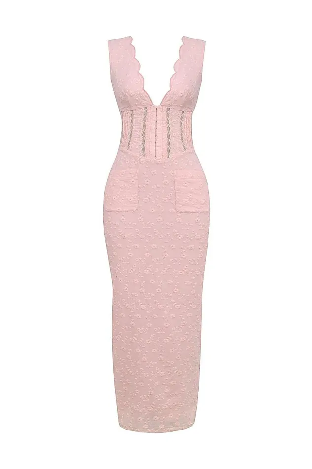 House Of CB Sophina Perfectly Pink Broderie Anglais Plunge Maxi Dress Women Dresses