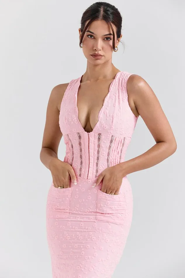 House Of CB Sophina Perfectly Pink Broderie Anglais Plunge Maxi Dress Women Dresses