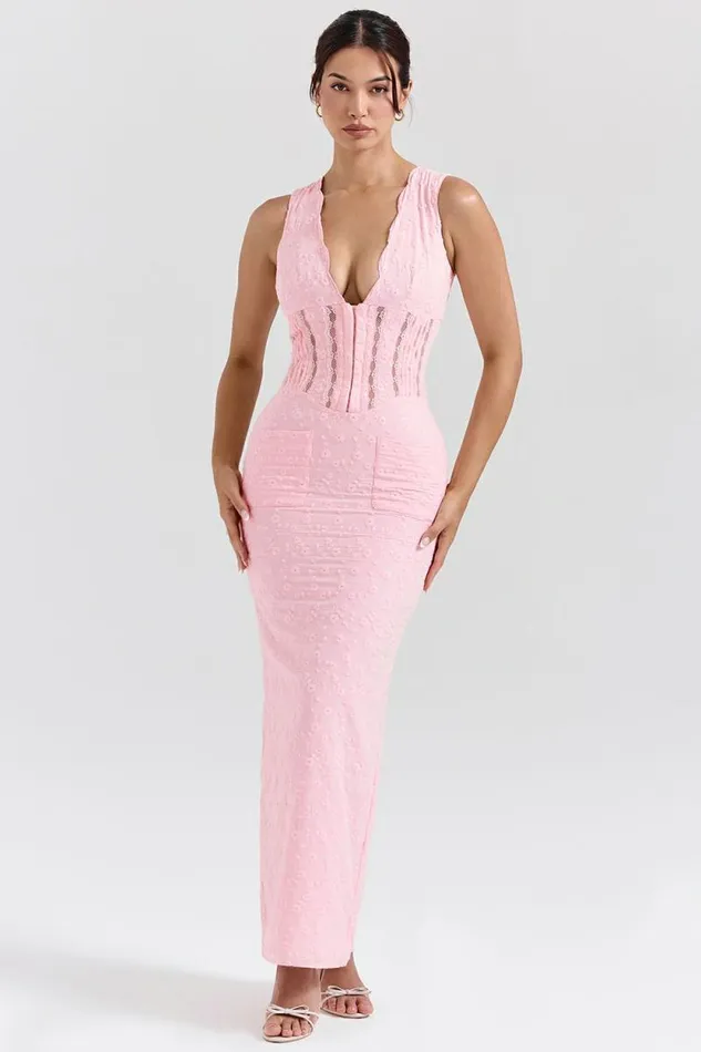 House Of CB Sophina Perfectly Pink Broderie Anglais Plunge Maxi Dress Women Dresses