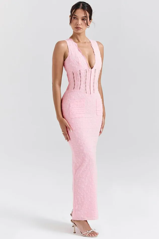 House Of CB Sophina Perfectly Pink Broderie Anglais Plunge Maxi Dress Women Dresses