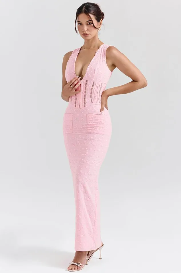House Of CB Sophina Perfectly Pink Broderie Anglais Plunge Maxi Dress Women Dresses