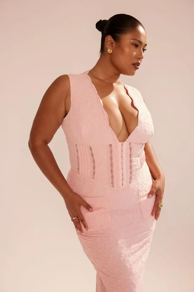 House Of CB Sophina Perfectly Pink Broderie Anglais Plunge Maxi Dress Women Dresses