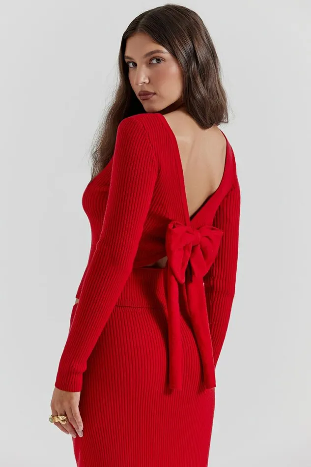 House Of CB Sula Scarlet Cashmere Blend Bow Sweater Women Tops