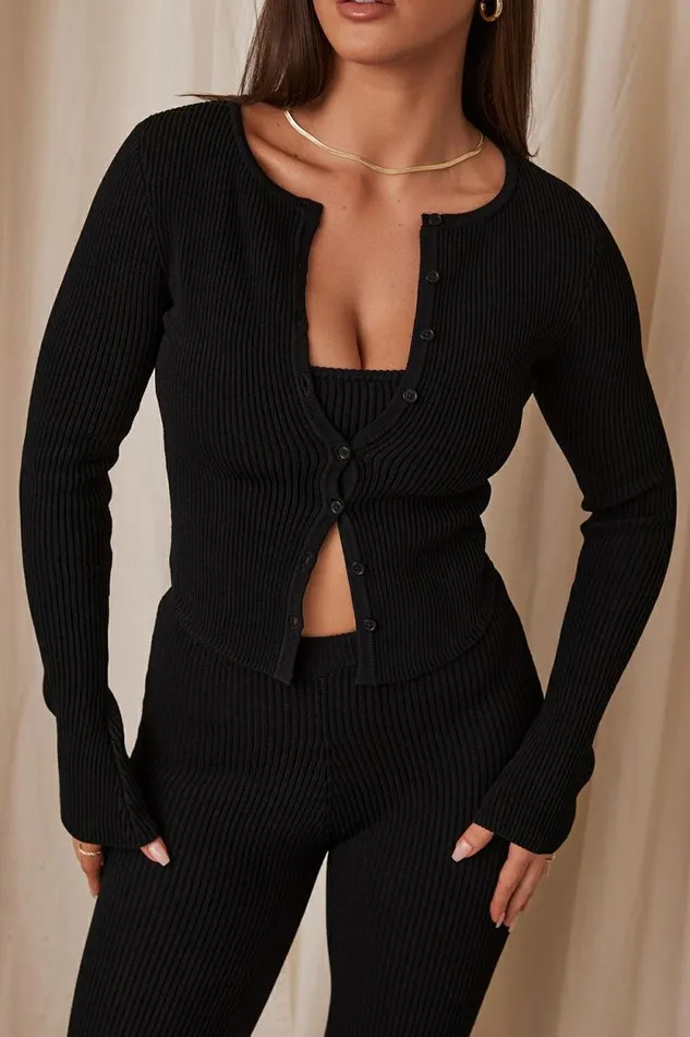 House Of CB Sylvia Black Ribbed Knit Cardigan Women Tops