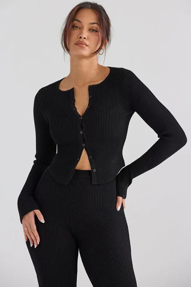 House Of CB Sylvia Black Ribbed Knit Cardigan Women Tops House Of CB Sylvia Black Ribbed Knit Cardigan Women Tops