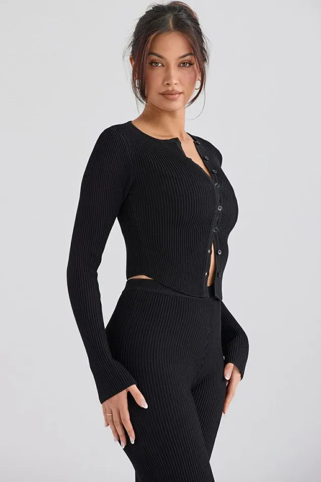 House Of CB Sylvia Black Ribbed Knit Cardigan Women Tops House Of CB Sylvia Black Ribbed Knit Cardigan Women Tops