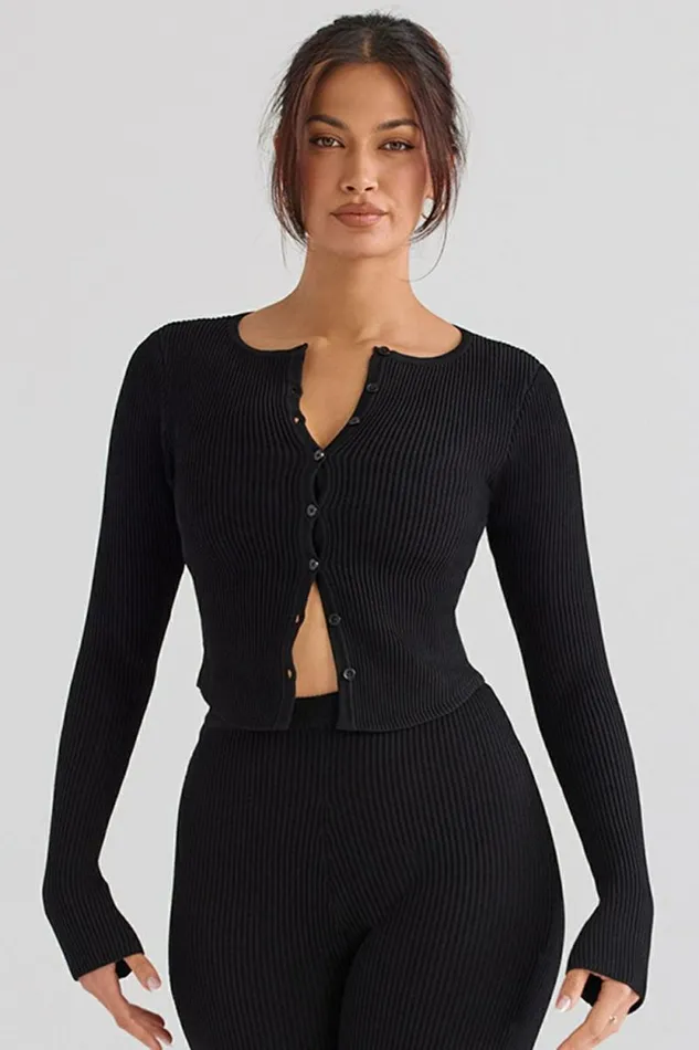 House Of CB Sylvia Black Ribbed Knit Cardigan Women Tops House Of CB Sylvia Black Ribbed Knit Cardigan Women Tops